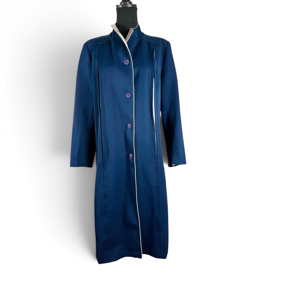 Vtg 1970s Forecaster Int’l Mod Midi Coat Sz M Blue Contrast Cream Pleats Pockets